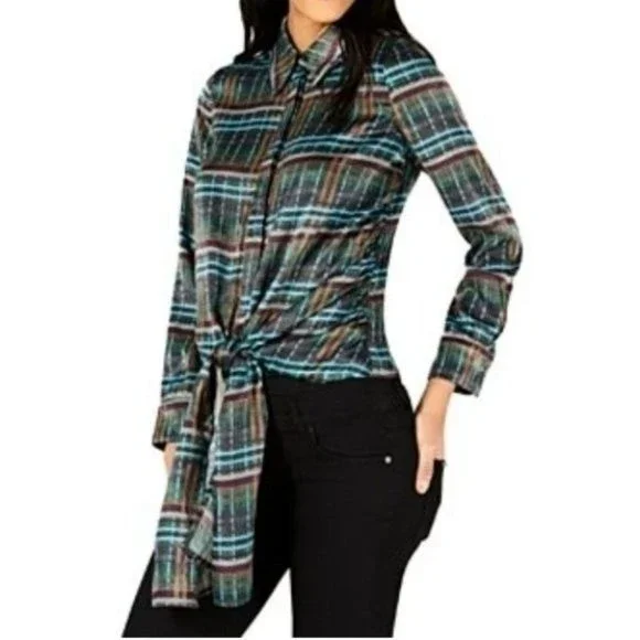 JOA Green Satin Plaid Tie Front Silky Long Sleeve Top - Picture 3 of 14